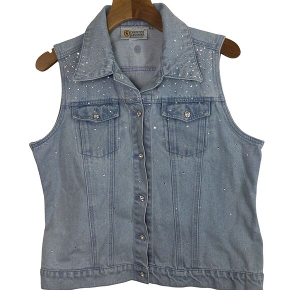 Christine Alexander Rhinestone Embellished Light Wash Denim Vest Light Blue L - Picture 1 of 12